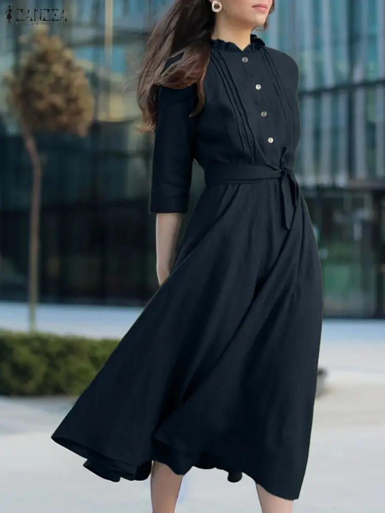 ZANZEA Stylish Women Dresses 2025 Autumn Solid Dress Casual 3/4 Sleeve Buttons Up Vestido Elegant Office Work Midi Sundress Robe
