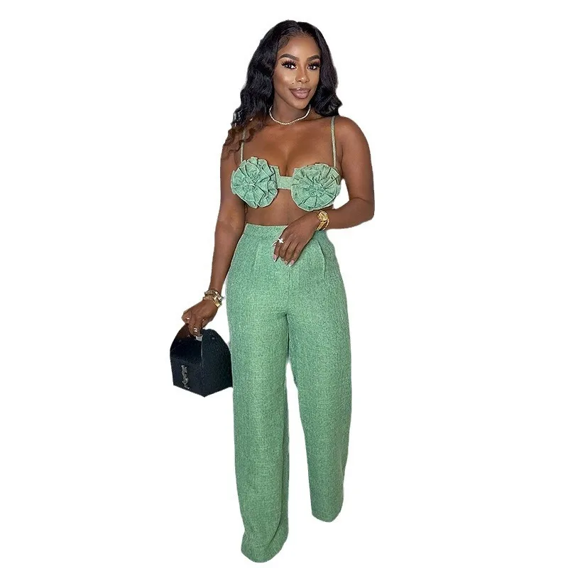 Fashion Women's 2024 Autumn New Sweet And Fresh Suspender Strapless High Waisted Straight Leg Casual Pants Two-piece Set