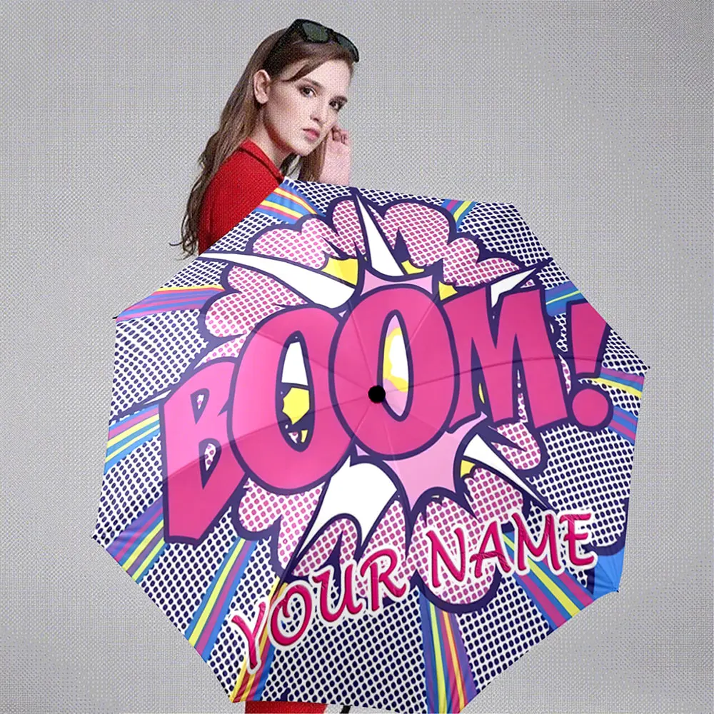 Custom Name Umbrella Pop Art Style Boom Comic Design Umbrella - Customizable Text Portable Folding Umbrella,Christmas Gift