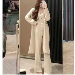 Autumn Winter New Knitted 3-piece Set Women Halter Vest Long Cardigan Long Pants Casual Solid Korean Fashion Female Outfits