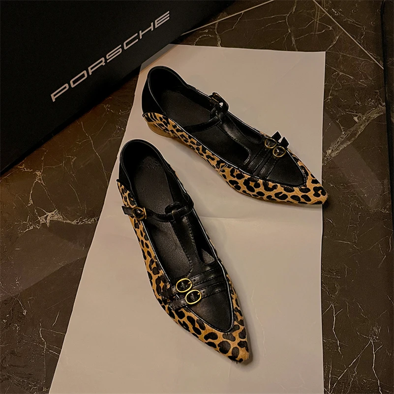 Meotina Women Genuine Leather T-Strap Pointed Toe Flats Buckle Leopord Ladies Mixed Colors Fashion Shoes Spring Autumn Apricot