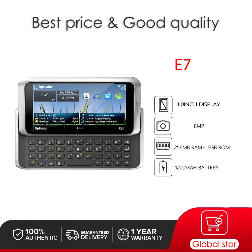 Original E7 E7-00 3G WIFI Bluetooth FM 8MP 16GB ROM Camera CellPhone Russian Arabic Hebrew Keyboard Made in Finland Unlocked