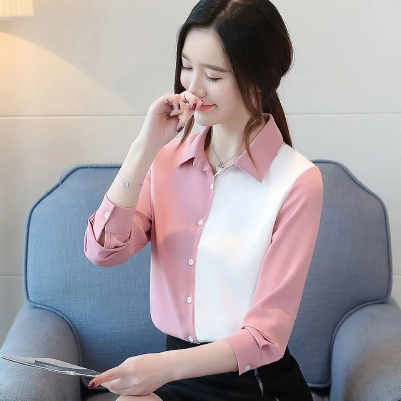 Women\'s 2022 New Spring Autumn Korean Fashion Color-blocking Shirts Long-sleeved Bottoming Loose Chiffon Shirts Elegant Clothing