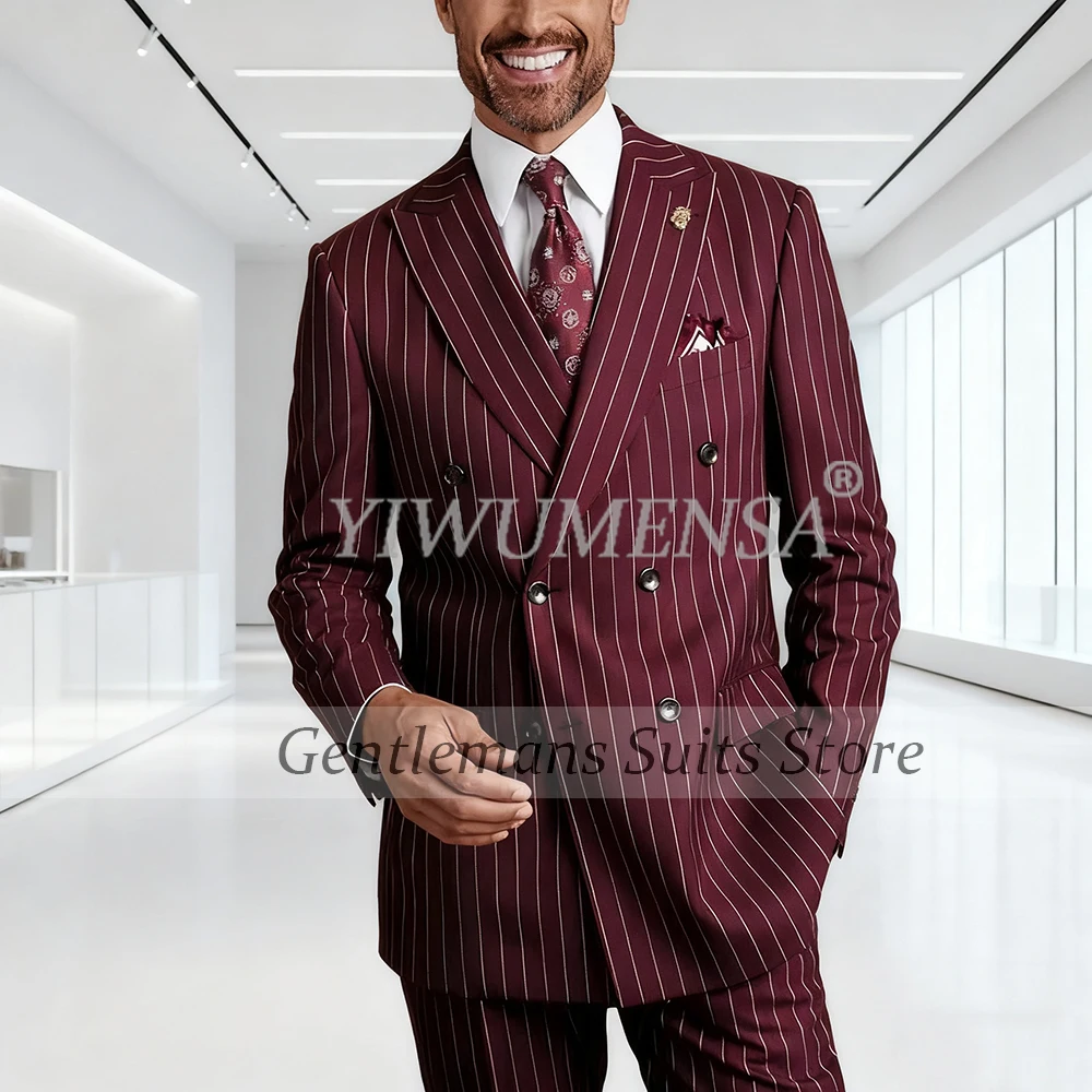 Elegant Stripes Men's Suits Double Breasted Peak Lapel 2 Piece Sets Jacket Pants Sets Formal Party Male Clothing Customized 2025