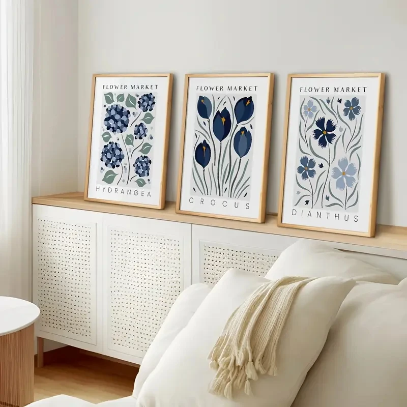 

3pcs/Set Navy Blue Flower Market Prints, Plant Mural Canvas Posters, Retro Flower Gallery Murals, Living Room Home Decorations