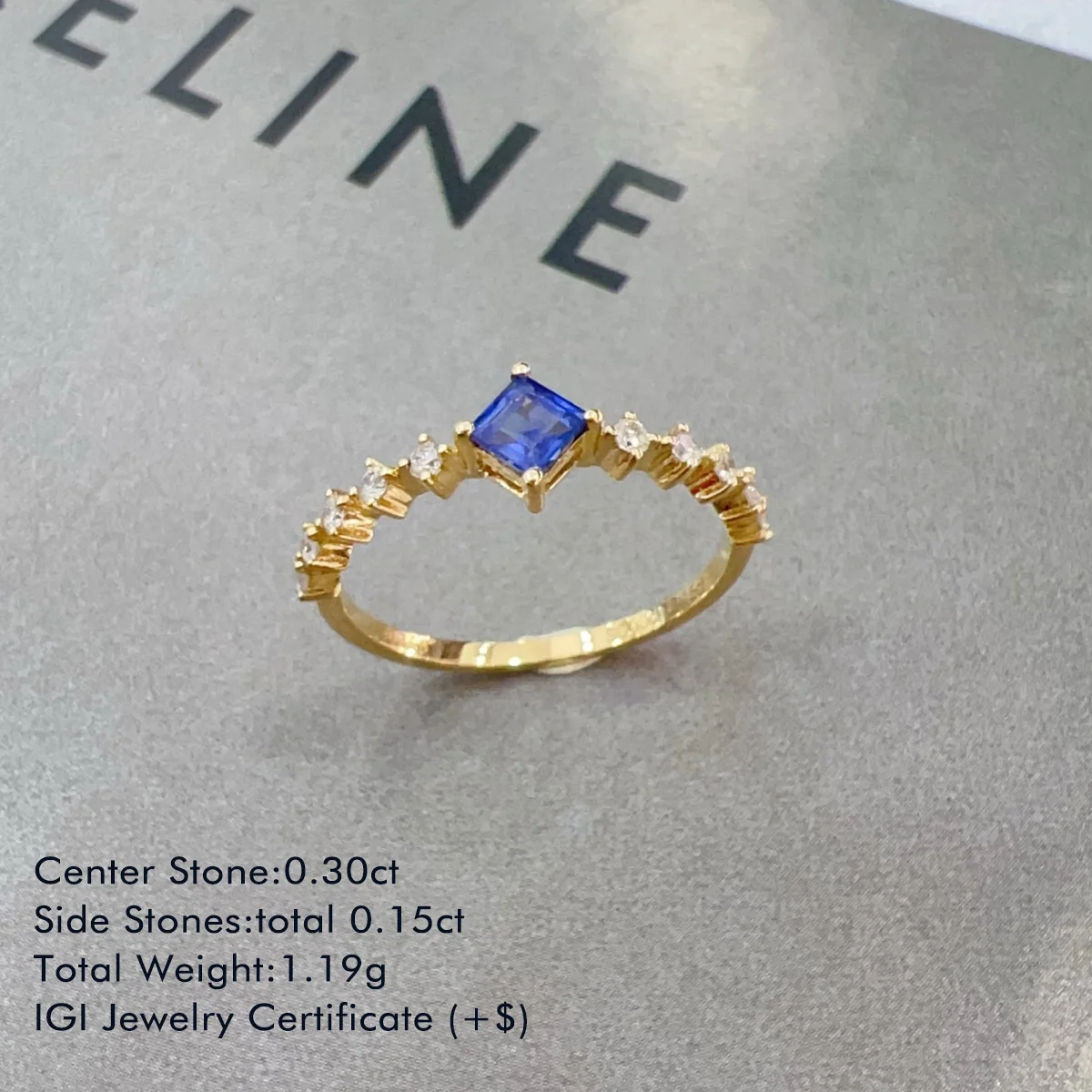 18K Yellow Gold Princess Natural Sapphire Ring Accented By Round Spaced Diamond Ring Engagement Ring For Women Best Sellers