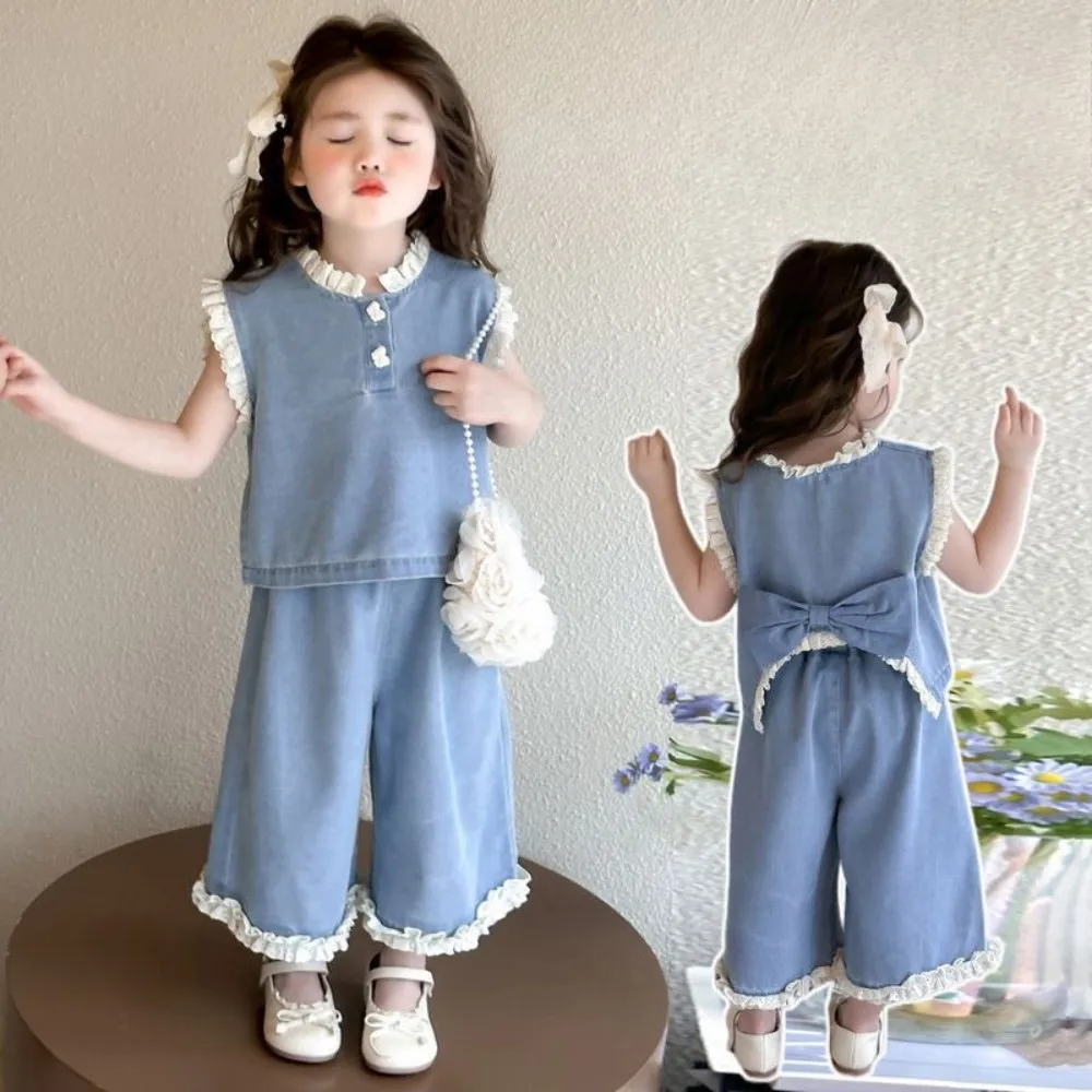 صيف جديد النسخة الكورية الدانتيل المرقعة تقليد سترة جينز وسراويل قطعتين مجموعة 2-7 سنوات القوس ملابس الفتيات عادية #5