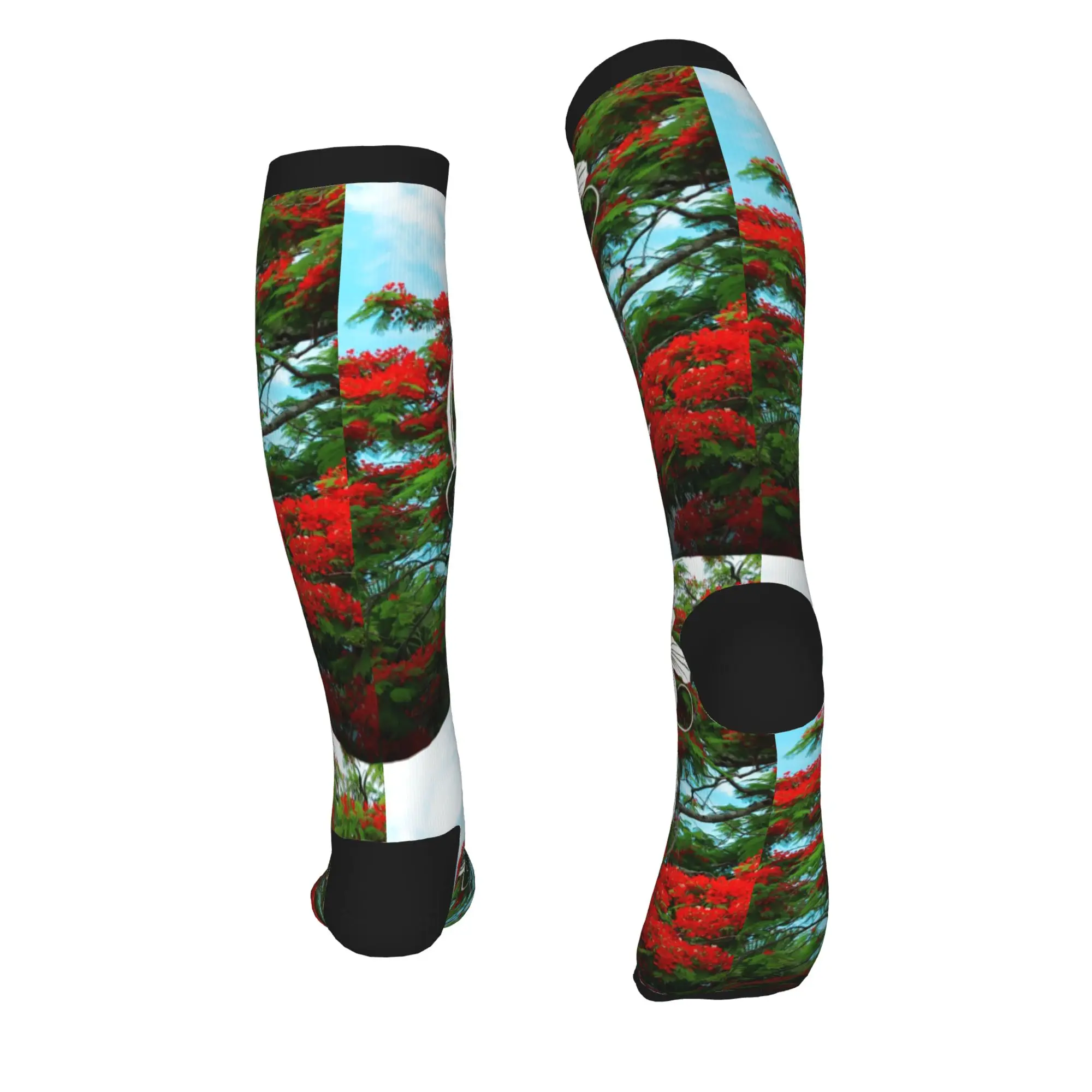 974 Reunion Island Men Women Sports Compression Socks Unisex Funny 3D Printing Flamboyant And Hibiscus Dress Socks view 3