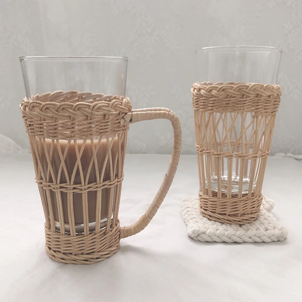 

Rattan Mugs Cover Drinks Water Glass Cover Woven Rattan Sleeve Set Cup Sleeve Practical Home Bar Cafe