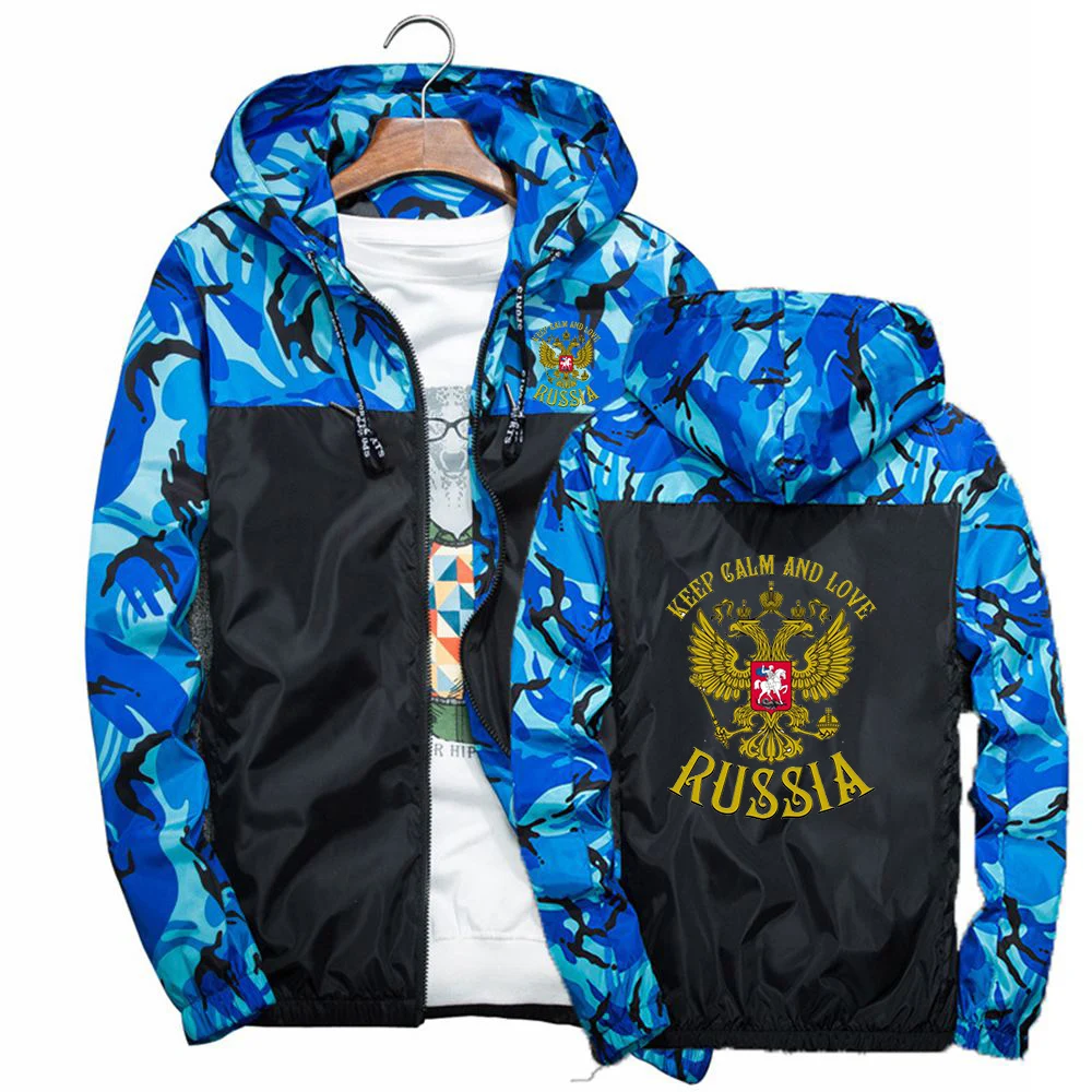 

Russia Badge Gold Eagle Printed Men's Hooded Patchwork Camouflage Jacket Spring Autumn Casual Fashion Thin Windbreaker Coat