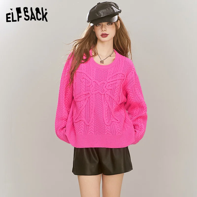 

ELFSACK 2024 Winter New Arrivals Sweet bow pullover sweater soft and versatile round neck inner wear top