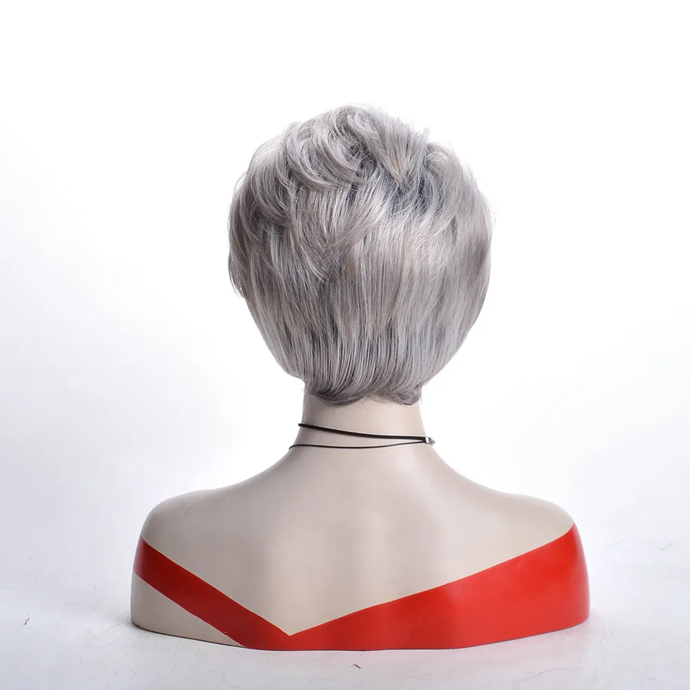 رمادي أبيض أومبير شعر مستعار قصير مستقيم للنساء مقاومة للحرارة الألياف الاصطناعية غطاء شعر مستعار كامل #5