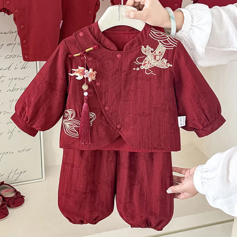 2Piece Summer Newborn Girl Clothes Chinese Style New Year Birthday Embroidery Long Sleeve Red Tops+Pants Baby Clothing Sets B392