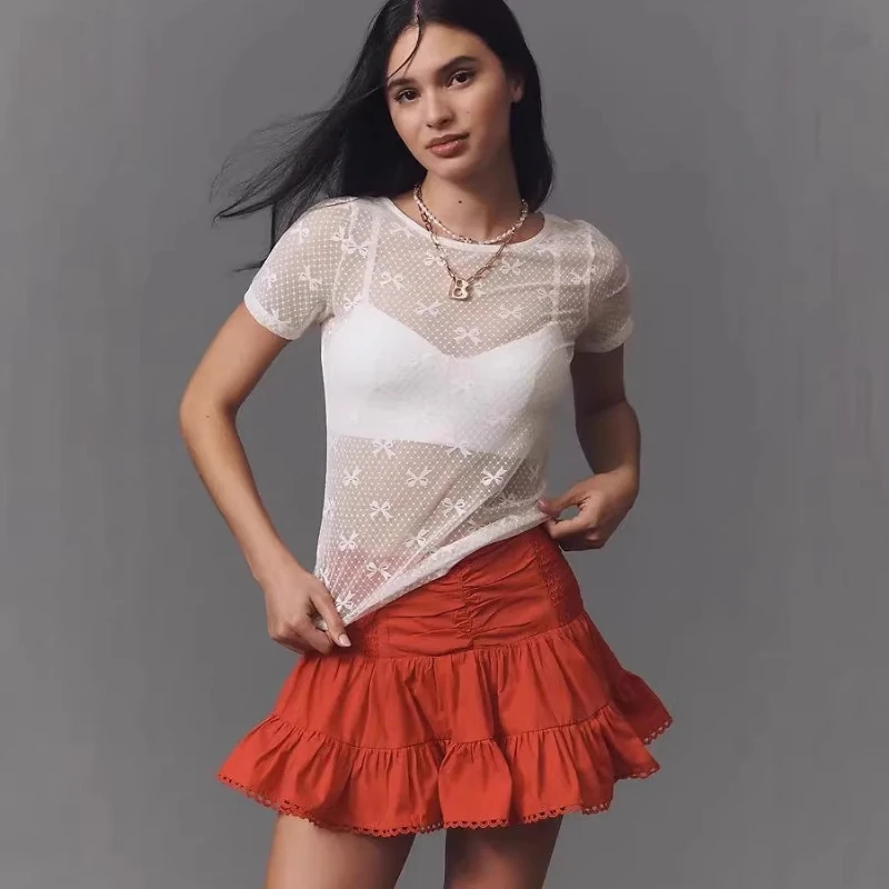 

2026 Summer New Hot Selling Perspective Sexy Bow Printed Lace Fabric Mesh Short Sleeve Women