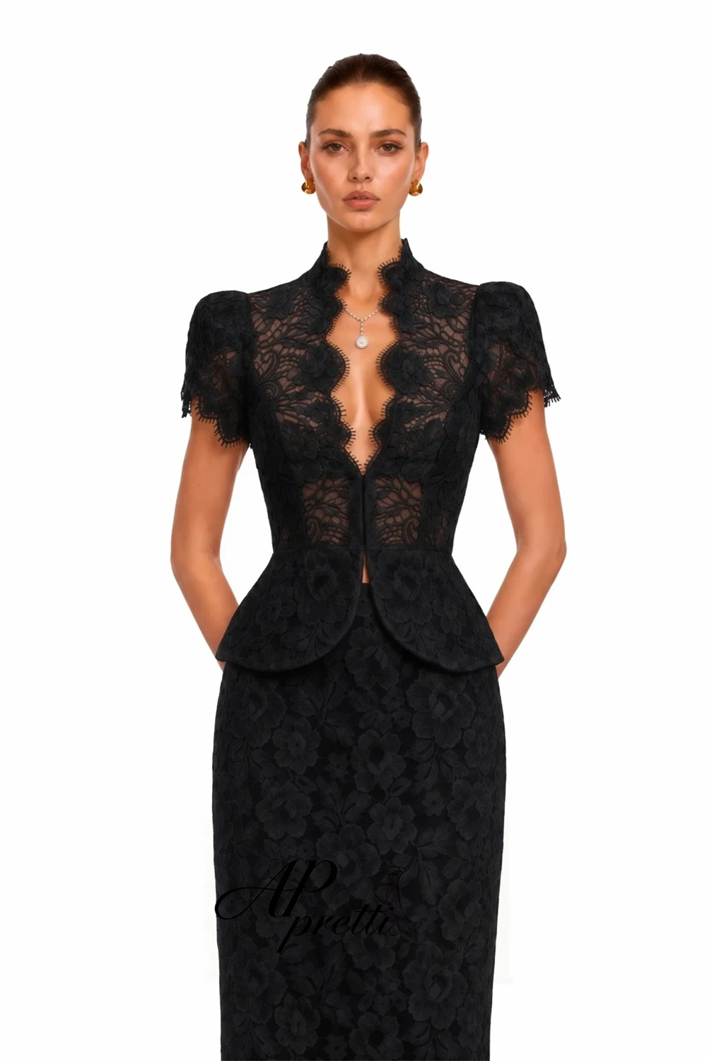 AP pretti High Neck Puff Sleeve Evening Dresses Customized Straight Floor Length Scalloped Lace Hem Prom Gown Vestidos De Noche