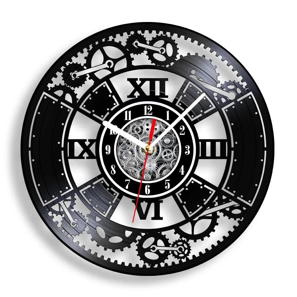 Mechanical Gear Cog Steampunk Inspired Vinyl Record Wall Clock Mechanical Artwork Retro Wall Clock For Old Factory Engineer Team