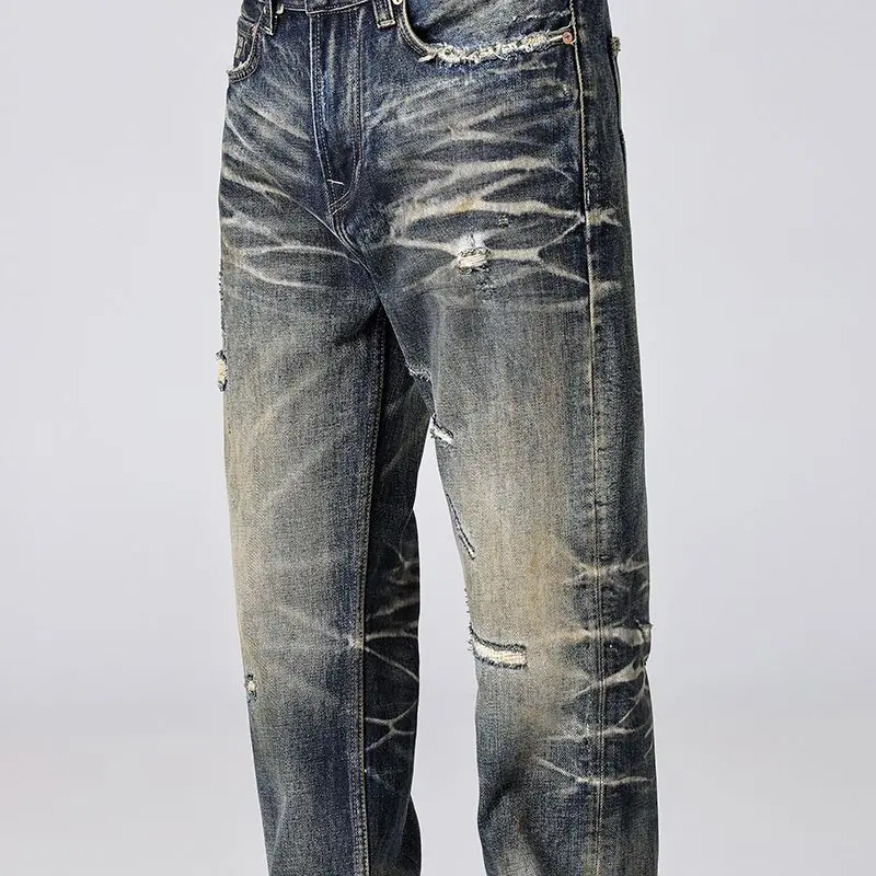 

Мужские джинсы в стиле ретро, элитный уличный стиль, стираные и потертые, маленькая прямая трубка, модные, классные и ностальгические брюки.