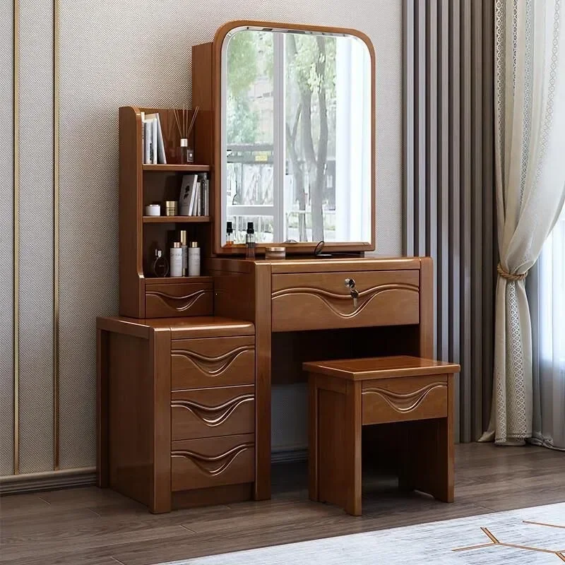e1- Chinese-style solid wood dressing table, modern minimalist storage cabinet integrated multifunctional rubber-wood vanity