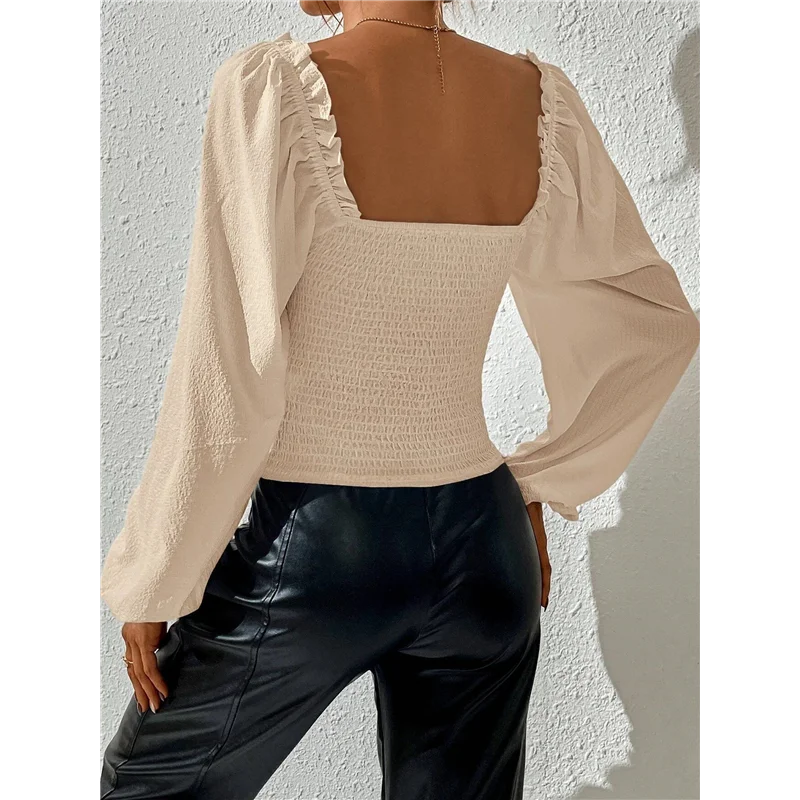 

AOAO-Женские укороченные топы с квадратным вырезом и длинными рукавами, блузка с пышными рукавами и рюшами