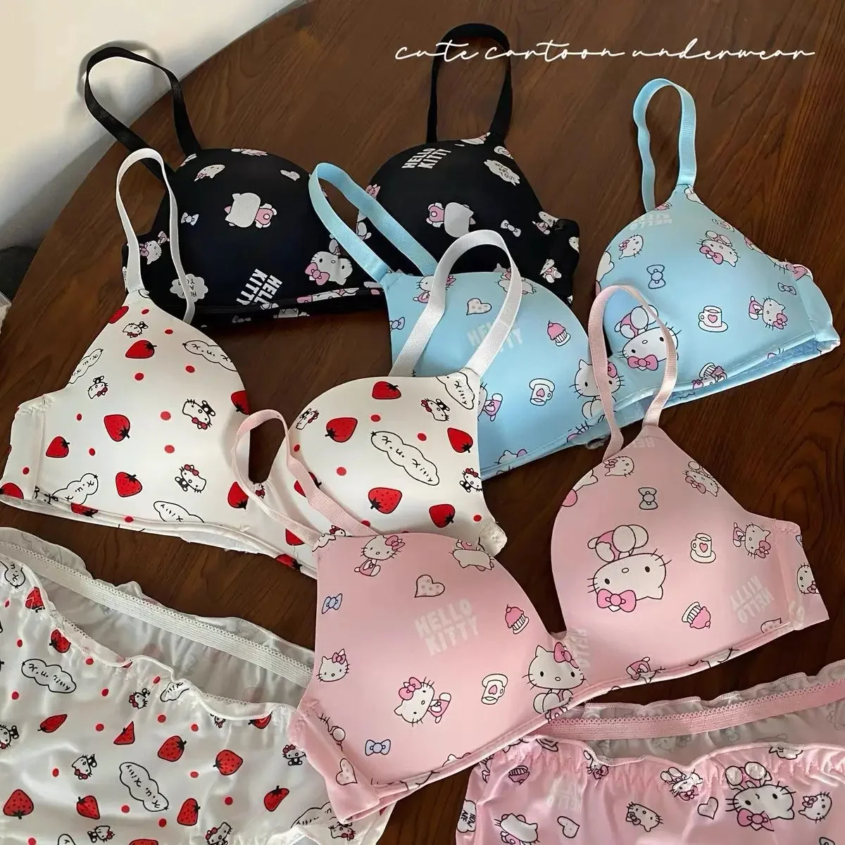 Kawaii Hello Kitty Girly Heart Undergarments Anime Sanrio Cute Ktcat Sweet Cartoon Comforts Bra Set Girls Clothes