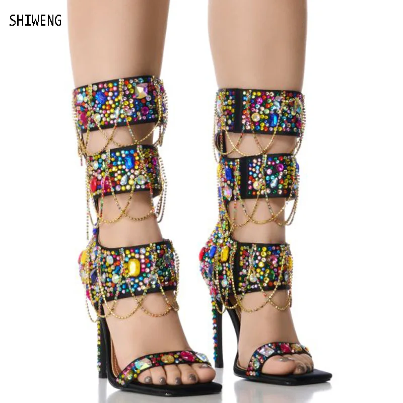 

2024 Crystal Pendant Tassels Women Sandals Sexy Tassel Coiled Stiletto High heels Gladiator Sandals Summer Wedding Party Shoes