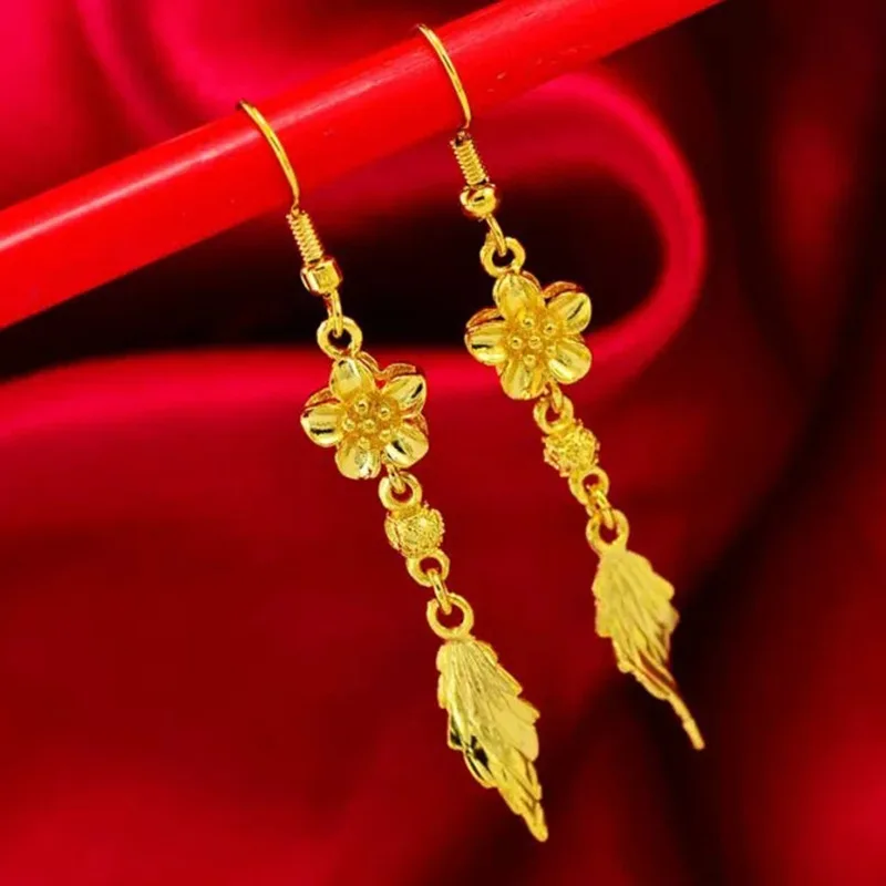 

High Quality Pure Gold Earrings 24K Bauhinia Leaf Real Gold Earrings AU999 Luxury Quality Jewelry Gold Earrings for Women