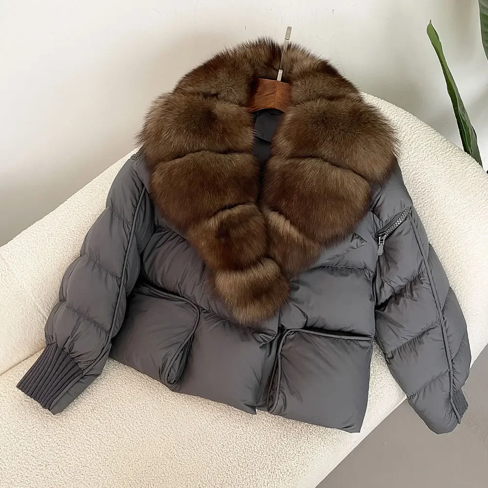 Moda 2024 Giacca Invernale Donna Naturale Reale Procione Collo di Pelliccia di Volpe Piumino D'anatra Bianca Cappotto di Spessore Caldo Streetwear Casual Tuta Sportiva