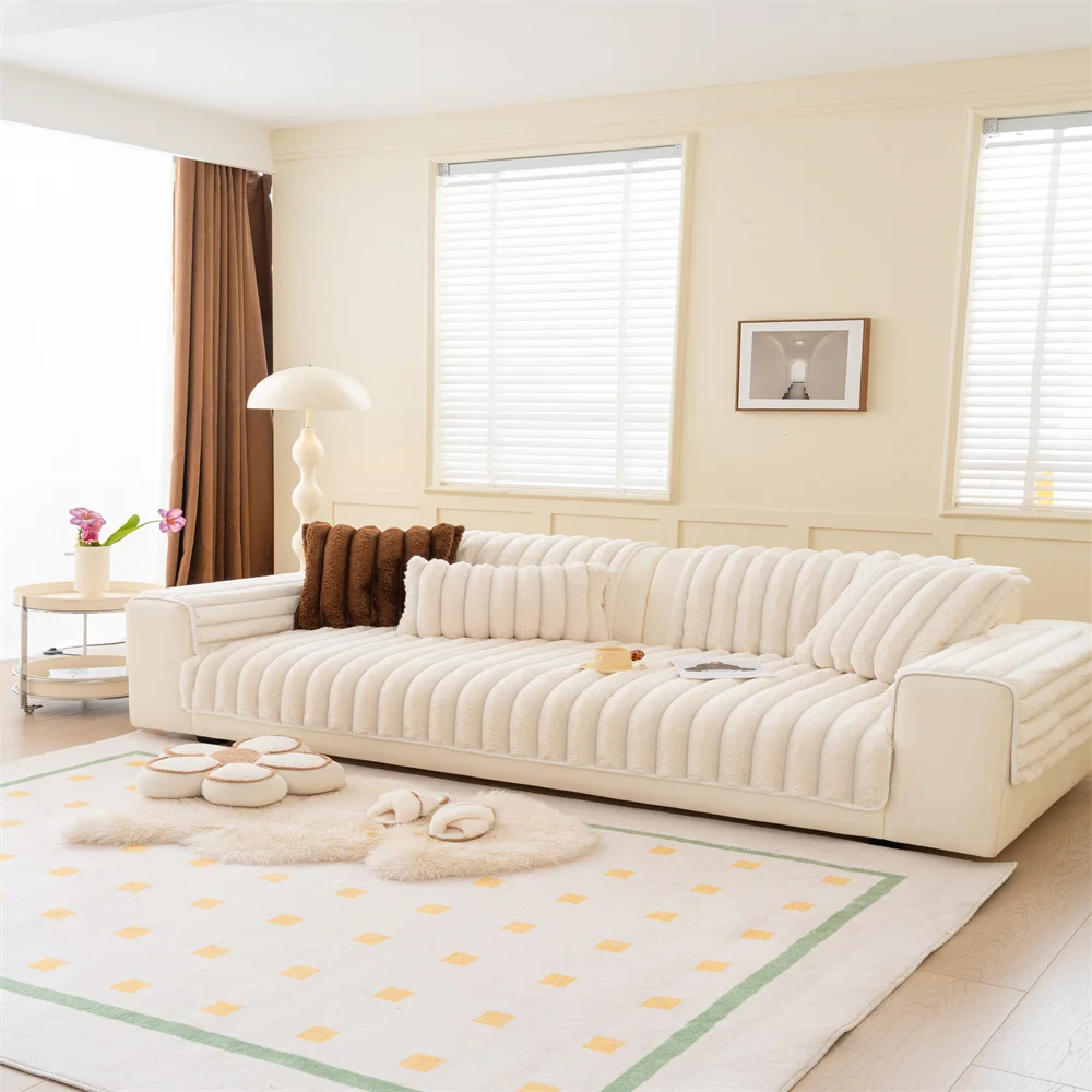 Nordic Simple Autumn and Winter Plush Solid Color Striped Thickened Flannel Non-Slip Non-Stick Sofa Cushion Sofa Cover