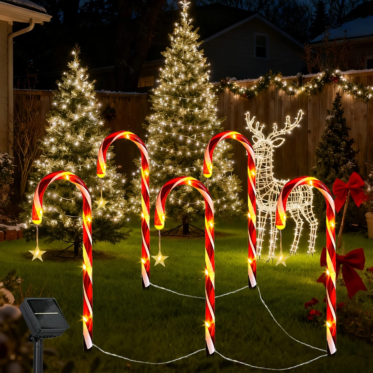 Twinkling Solar Powered Candy Cane Garden Stake Lights, Dusk Auto On Backyard Patio Christmas Party Decoration Lights