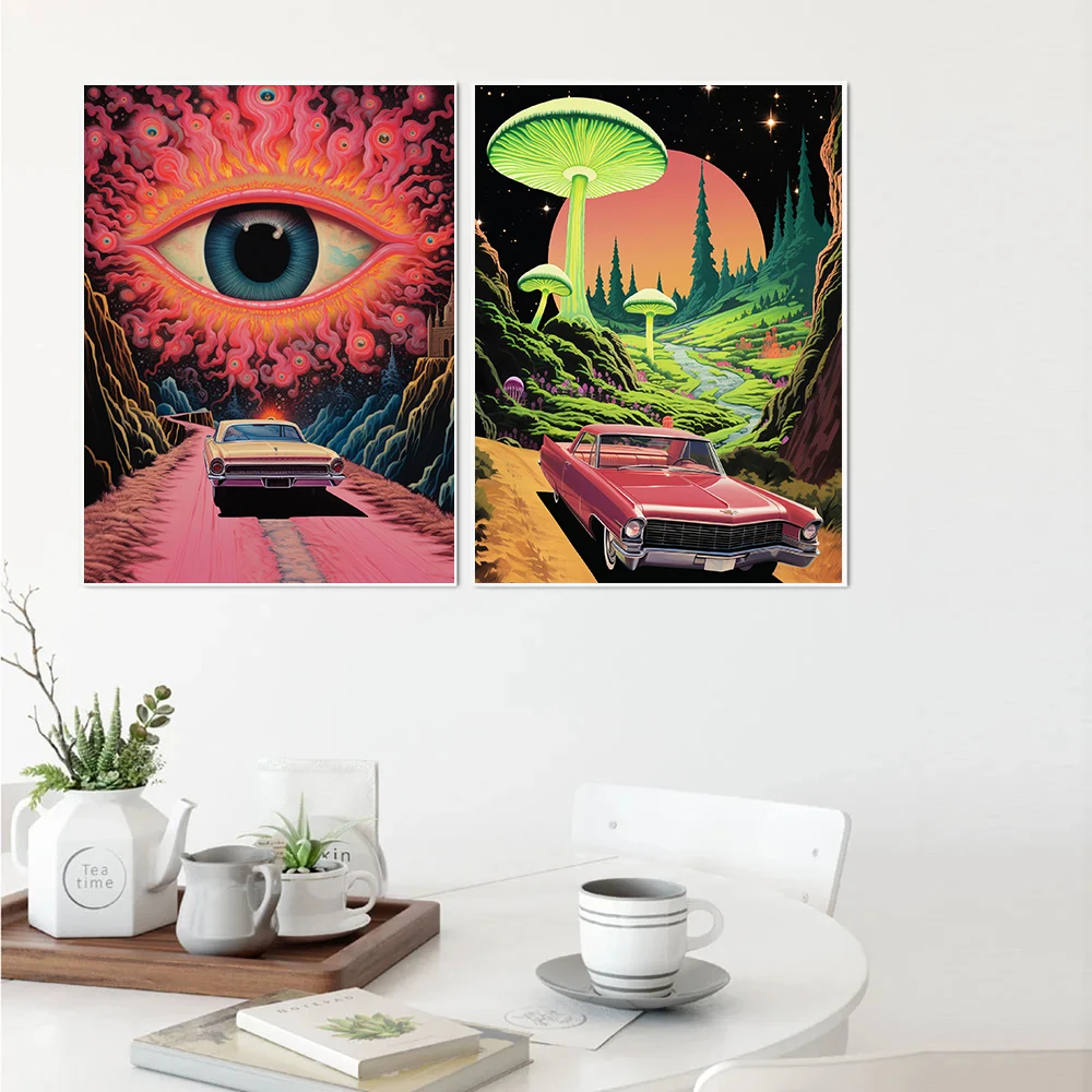 Retro Surrealism Space UFO Mushroom Psychedelic Trippy Weed Poster Canvas Painting Wall Art Pictures Home Room Decor