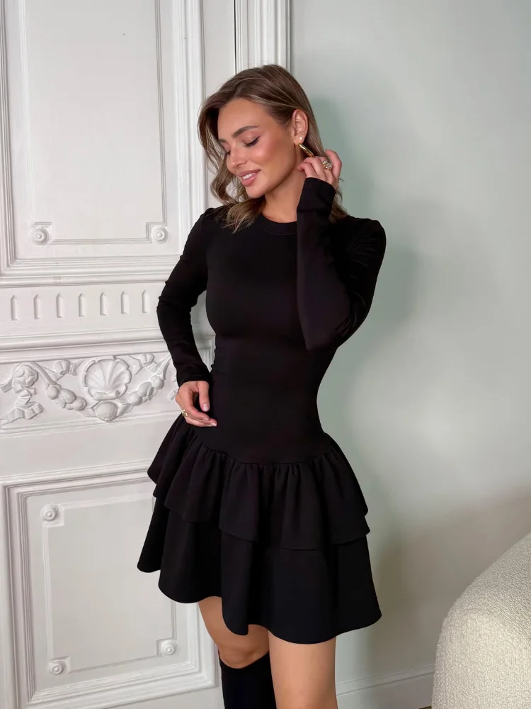 Klassieke mini-jurk met ruches en volledige mouwen, dames, chique ronde hals, hoge taille, gelaagde geplooide slanke korte jurken, dame, dagelijkse uitloper