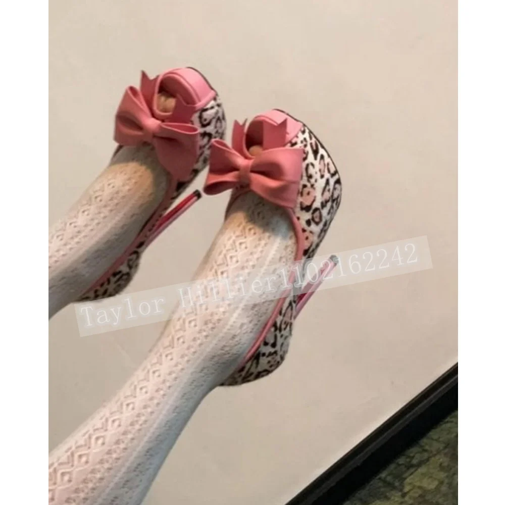 Women'S Pink Leopard Print Peep Toe High Heels With Bow Platform Stiletto Pumps For Party Wedding Prom Evening Ladies Footwear