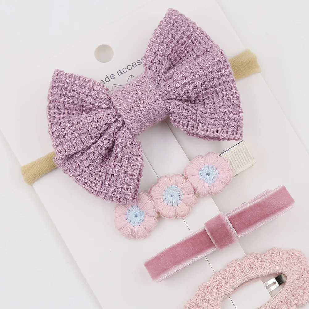 4Pcs/Set Crochet Daisy Baby Hair Bows Sets Velvet Snap Bobby Set of 4 Hair Pins Knitted Elastic Nylon Hairbands Ins Headbands