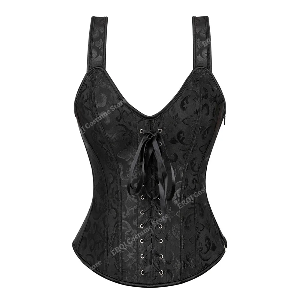 Steampunk Corset with Cup Lingerie Zipper Side Straps Overbust Corset Waist Trainer Bustier Plus Size