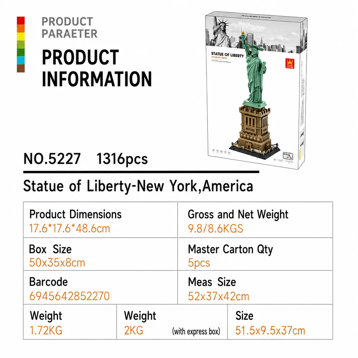 1316PCS MOC Statue of Liberty Building Blocks Set Large Collection World Architecture Model Kit for Adults Christmas Gift