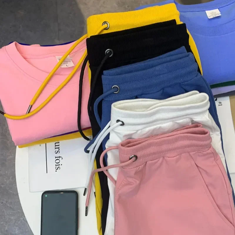 40KG-100KG Summer New 100% Cotton Soft Men’s Drawstring Waist Black White Yellow Pink Casual Shorts