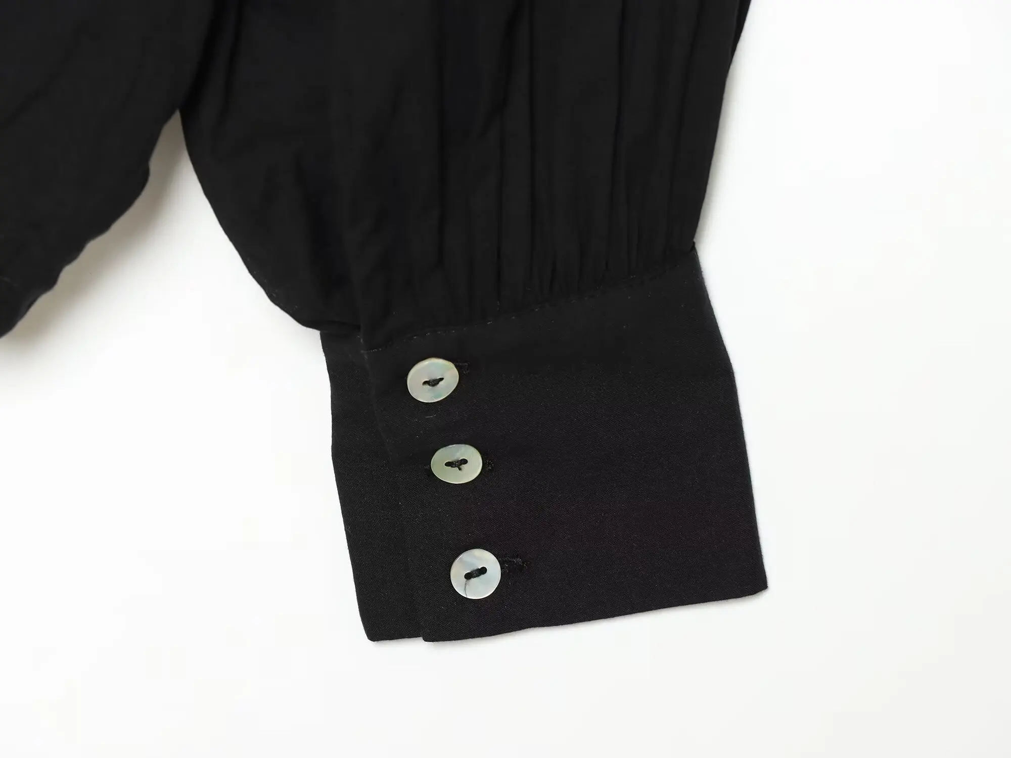 BSAY 2026 Sommer Damen Elegante Einfarbige Hochgeschlossene Langarm-Bluse mit Gerafftem Saum und Kordelzug Locker Sitzende Lässige Schwarze Bluse – Detail 10
