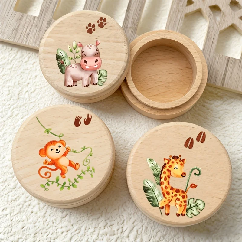 1PCS Forest Animal Theme 2D Wooden Tooth Fairy Box Preserving Umbilical Cords Birth Souvenirs Fetal Hair Teeth Hospital Gift
