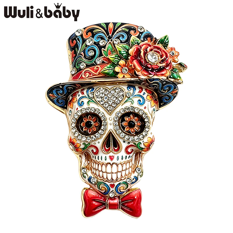 Wuli&baby Lovely Skull Brooches For Women Men 2-color Rhinestone Wear Rose-flower Hat Skeleton Halloween Party Brooch Pins Gifts