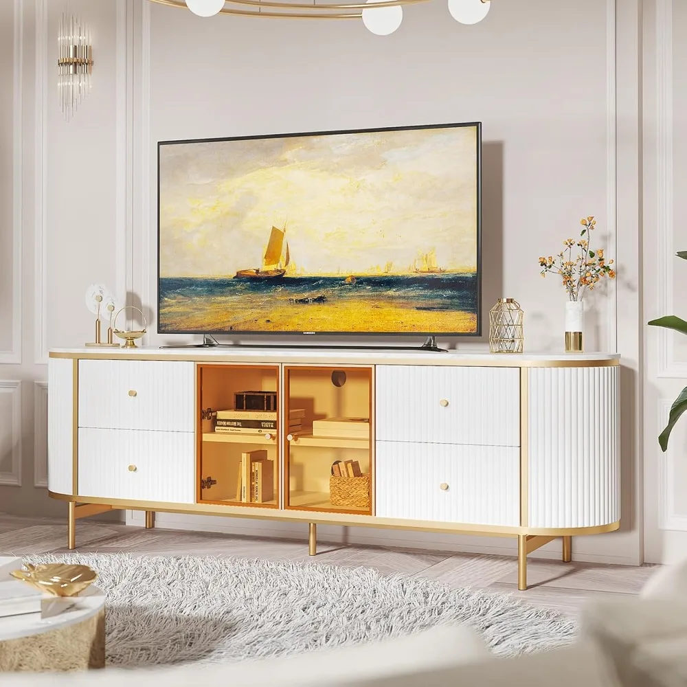 

Luxury 70" Fluted TV Stand for TVs Up to 75", Modern Entertainment Center with Faux Marble Top, Media Console with Curved Profi