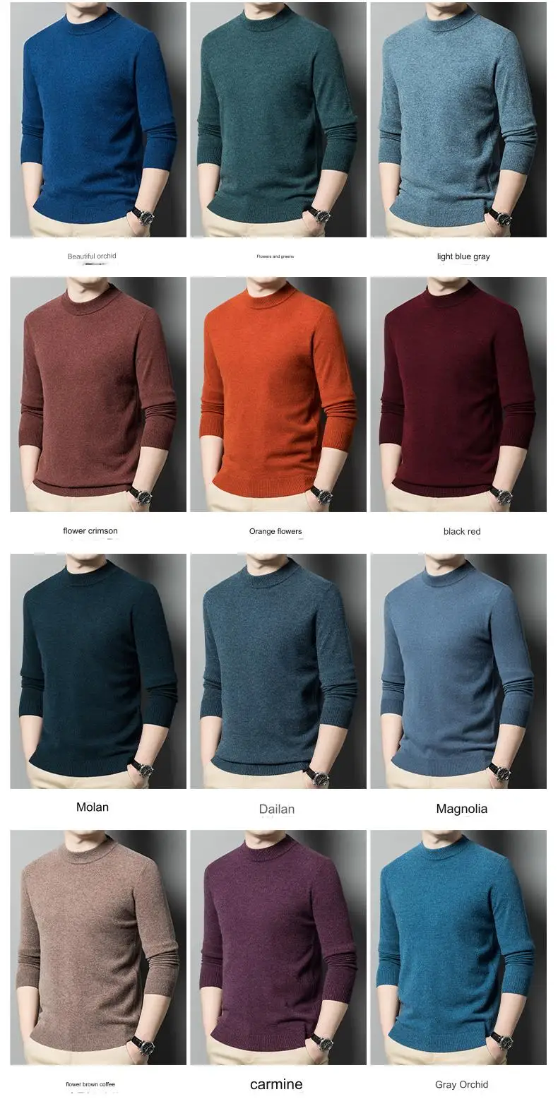 Men's 100% sheep wool sweater flat half turtleneck 38 colors warm knitted pullover fashion luxury sweater clothing new oversized