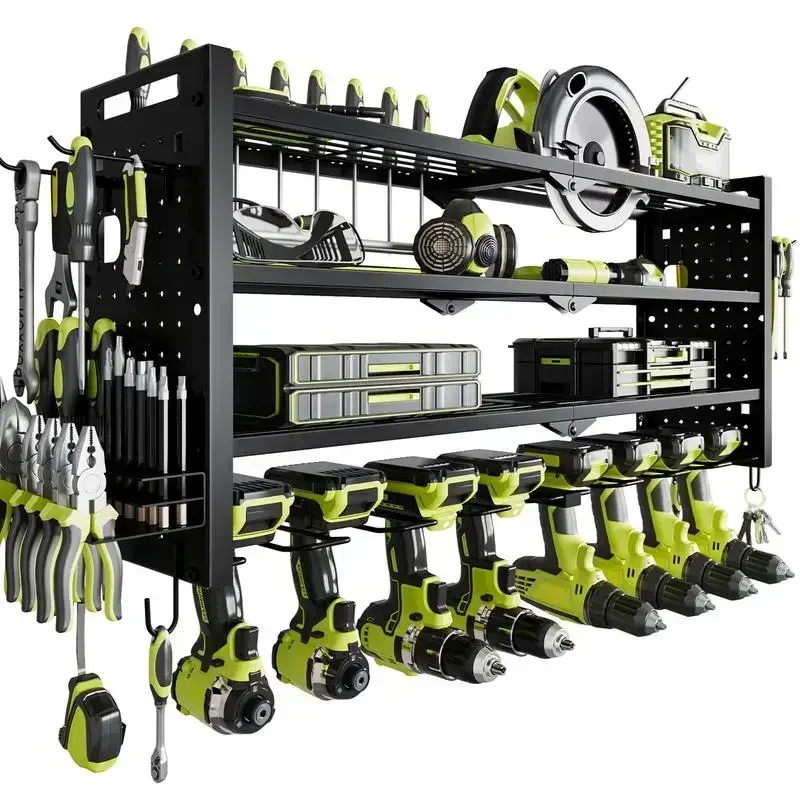 Hausneed Tool Organizer Wall Mount, Tool Rack with 8 Drill Holders, 4 Layers Large Capacity Rack, Tool Room Storage