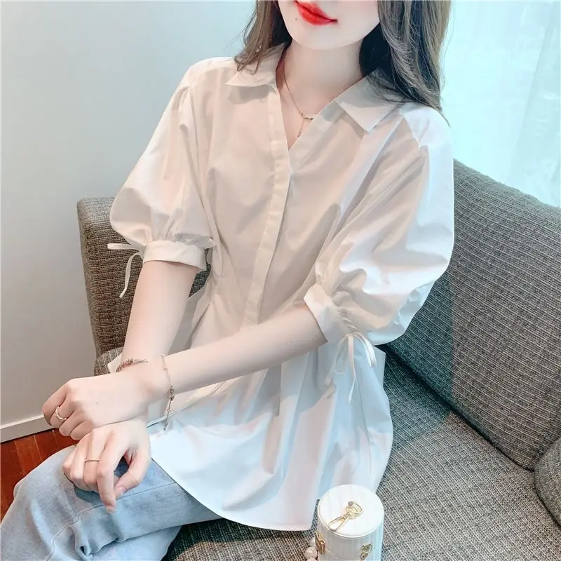 

2024 Summer New Temperament Women Half Open Collar Lacing Bishop Sleeve Shirt Design Sense Corset Solid Color Middle Sleeve Tops