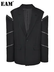 [Eam] feminino preto zíper tamanho grande blazer nova lapela manga longa solto ajuste jaqueta moda maré primavera outono 2024 1df 105101