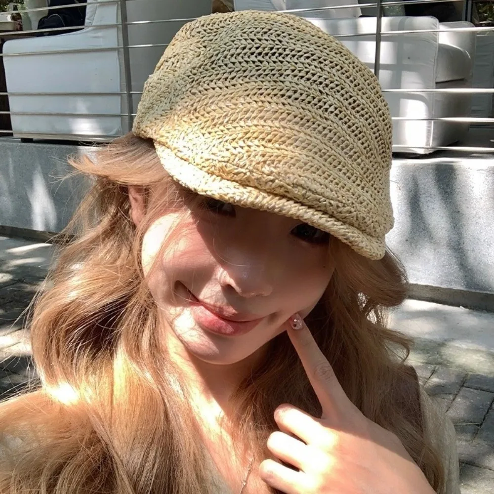 

Fashion Hollow Straw Beret Vacation Flat Straw Newsboy Cap Beach Adjust Painter Beret Unisex