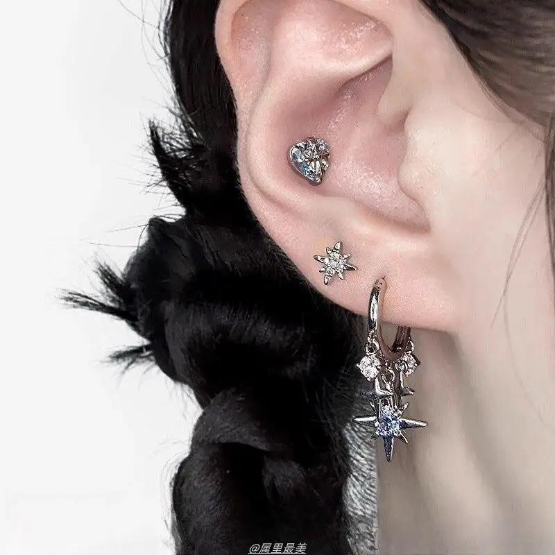 B*1Pair Silver Color Star Tassel Ear Buckle Y2K Jewelry Gift Blue Zircon Eight-Pointed Star Pendant Earrings For Women