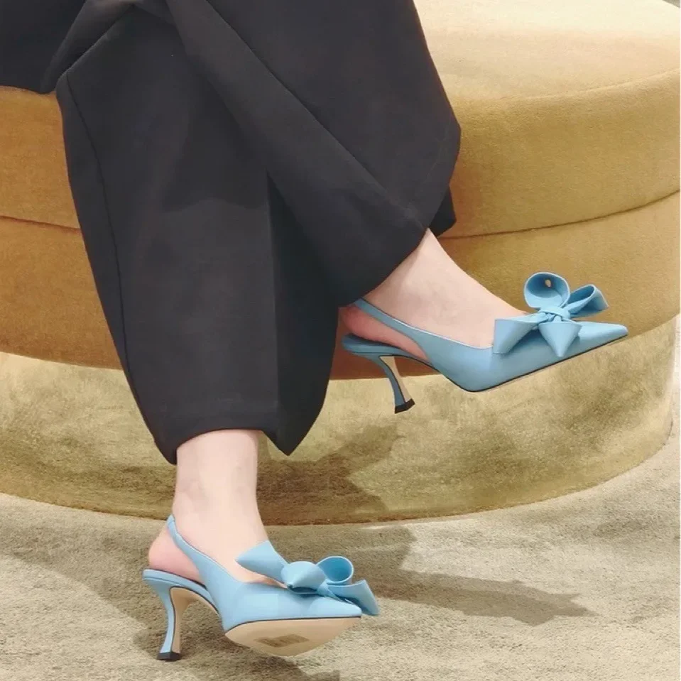 Handmade Slip-On Women's Sandals  Bowknot Stiletto High Heels Flower Pointed Toe Single Shoes 2026 Spring Summer New Fairy Style