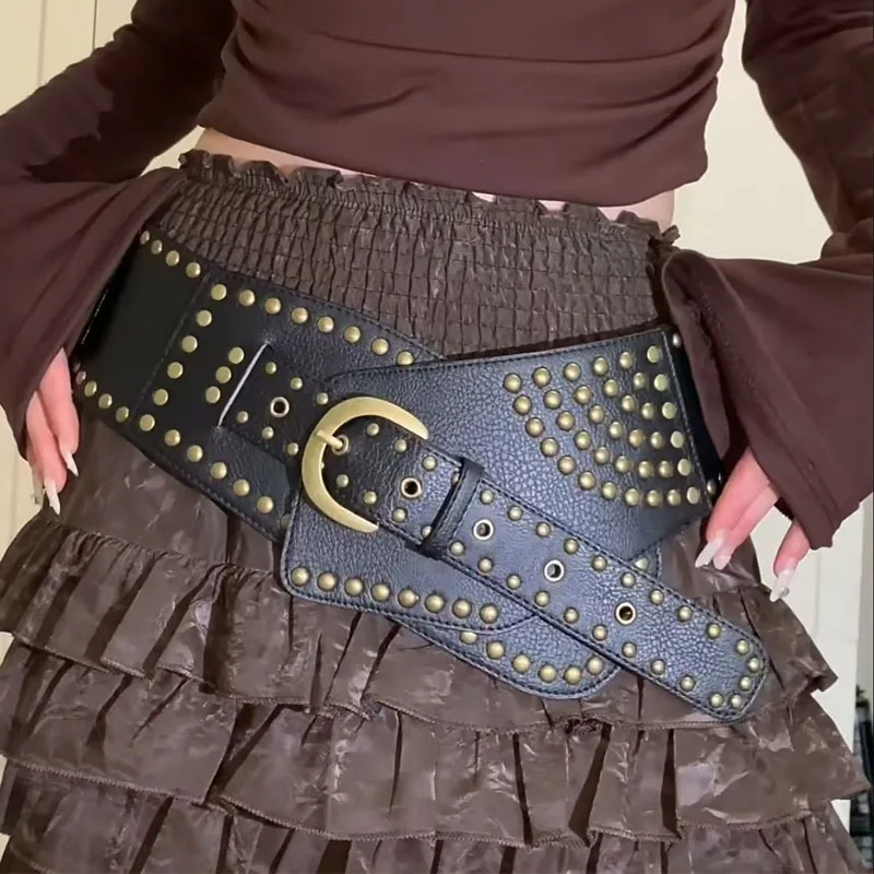 Retro Punk Style Nit Retro Szeroki Pas Damski Gorset Ozdobny Pas Moda PU Skóra Regulowany Szeroki Pas Damski ﻿