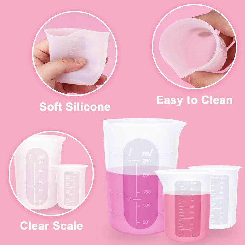 6Pcs Silicone Measuring Cups Set - 2Pc 250Ml Reusable Silicone Cups, 4Pcs Non-Stick Measuring Cups, Epoxy Mixing Cups