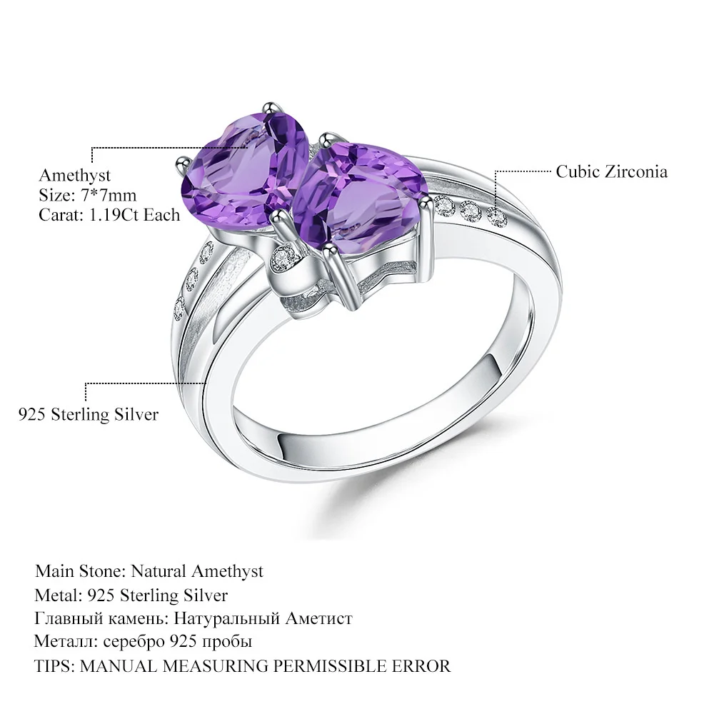 genuine Luxury brand real jewels 925 Silver Heart Natural Amethyst Topaz Garnet Ring Live Broadcast high quality